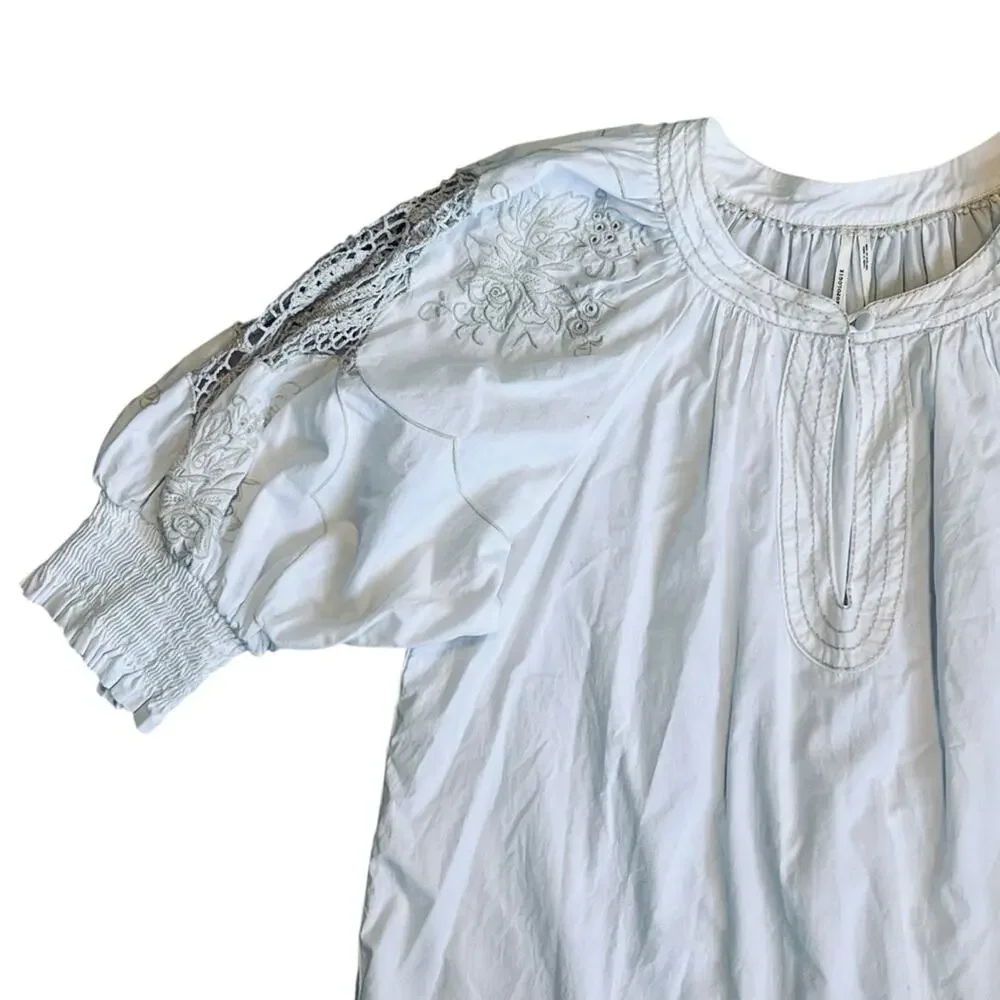 Anthropologie Women’s Sz S Ivory Crochet Blouse Short Puff Sleeve Pullover